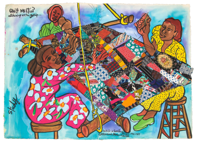 Paint and fabric artwork on paper that illustrates three women sewing a quilt together.