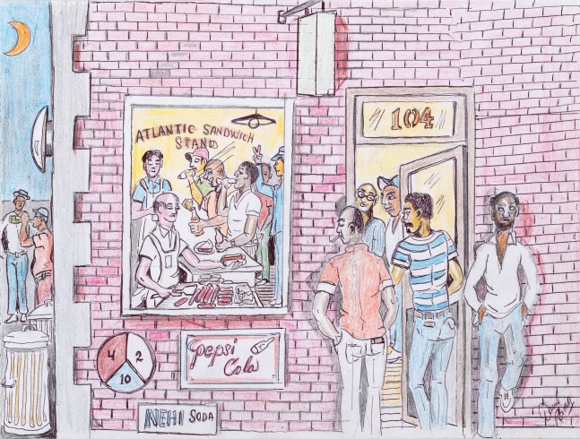 An ink graphite and colored pencil drawing on paper that displays a group of men gathering around the Atlantic Sandwich Stand and eating food.