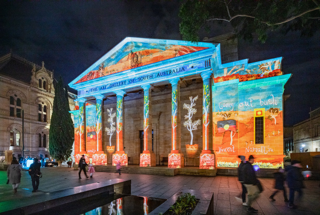 Illuminate Adelaide featuring &amp;#39;Going Out Bush&amp;#39; by Vincent Namatjira, Art Gallery of South Australia; Courtesy the artist and Iwantja Arts. Photo: Saul Steed