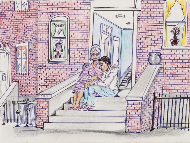 An ink graphite, and colored pencil drawing that displays two women sitting outside a brick building.