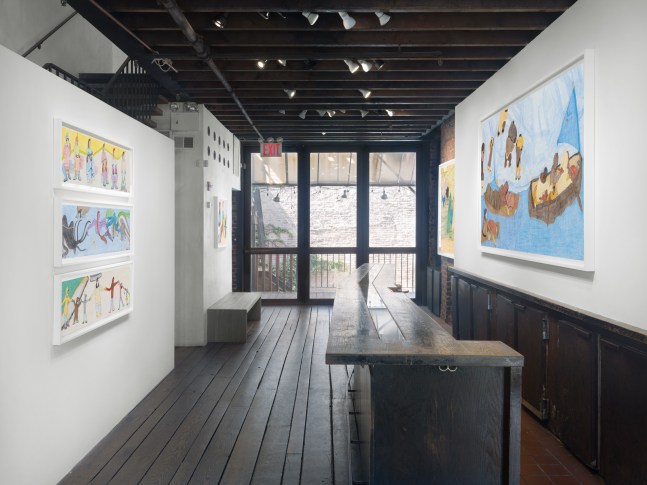 Installation view of Shuvinai Ashoona's &quot;Looking Out, Looking In&quot; exhibition of four pieces of work done in colored pencil and ink on paper.