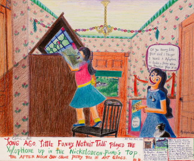 Long ago, little funny Notit Talli played the Xylophone up in the Nickelodeon-piano&amp;#39;s top. The afternoon sun shone pretty, thru its art glass. Ha Ha, 1995
Colored pencil, ballpoint pen, and crayon on paper
14 x 17 inches