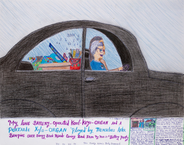 My long battery-operated &amp;quot;Kool-Keys-&amp;quot; organ and a portable Xylo-Organ &amp;quot;played&amp;quot; by themselves after Bumping over Bumpy Back Roads coming back from my Mar. 25th Birthday Party, 1997
Colored pencil, ballpoint pen, and crayon on paper
11 x 14 inches