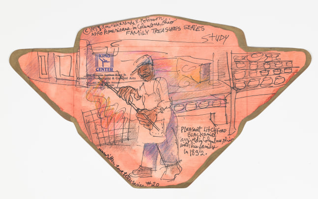 Aminah Brenda Lynn Robinson
Pleasant Litchford Blacksmith
1988
9.5 x 16.5 in.
Pen, ink, and pastel, on paper envelope