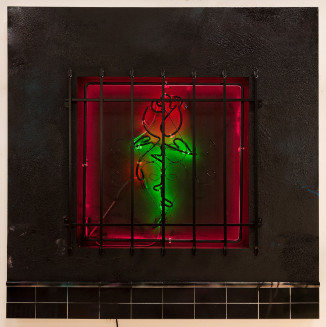 Baby Let Me Take You Home (Night), 2018
Stucco, ceramic tile, latex house paint, neon, and window security bars on panel
60 x 60 x 3 inches