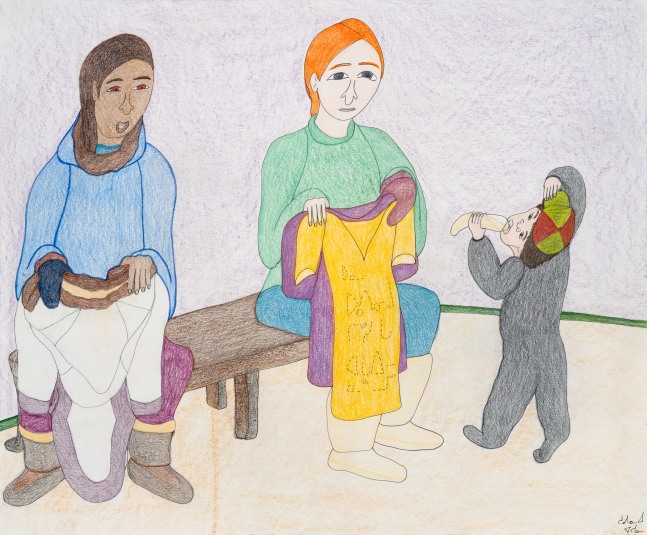 High resolution image of Shuvinai Ashoona's drawing titled &quot;Made my clothing at clothing centre&quot;