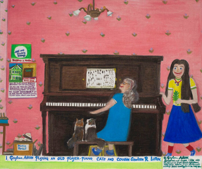 Gayleen Aiken
I, Gayleen Aiken Playing An Old Player-Piano, Cats And Cousin Gawleen R. Listen., 1987
Acrylic on canvas
20 x 24 inches
