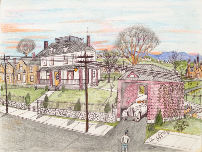 An ink graphite and colored pencil drawing that displays a man in front of a white house and an open garage