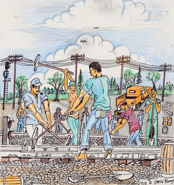 A vibrant ink graphite, and colored pencil drawing that displays a group of men with tools in hand as they construct a railroad.