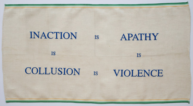 Inaction II, 2019
Embroidery on vintage linen tea towel
16.5&amp;nbsp;x 31 inches
&amp;nbsp;