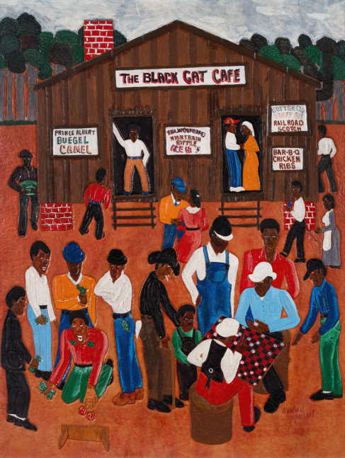 Winfred Rembert
Title Unknown [The Black Cat Cafe],
Date Unknown
Acrylic paint and marker on carved and tooled leather
43 &amp;times; 33 in