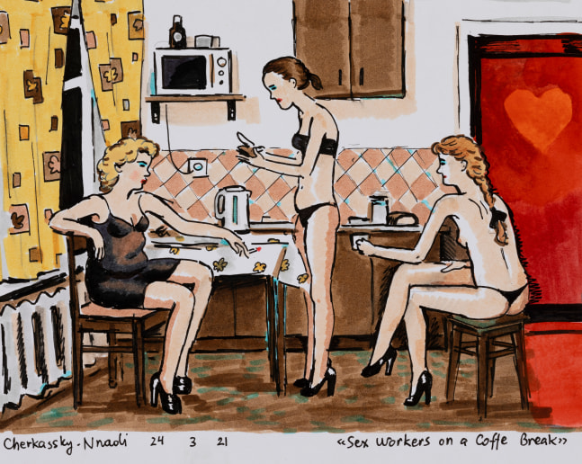 Sex Workers On A Coffee Break, 2021
Mixed media on paper
7 x 9 in.