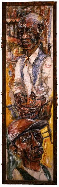 Aminah Brenda Lynn Robinson
Doves and Pain are Life Fulfilled (Elijah Pierce)
1979
89.75 x 42.5 in.
Paint, ink, graphite, charcoal, and pastel, on Pellon with hogmawg