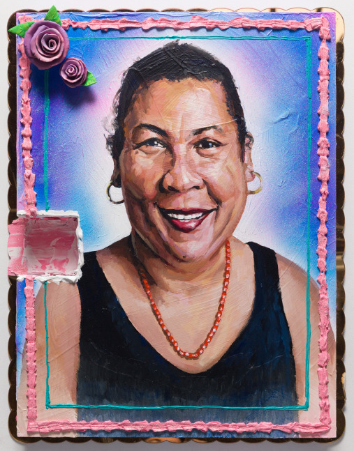 bell hooks Cake (All About Love), 2018
Heavy body acrylic, acrylic, airbrush, and ceramic cake roses on panel with gold mirror plex
26 x 20 x 3 inches