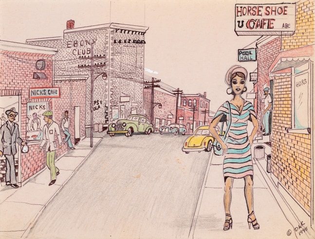 An ink graphite and colored pencil drawing that displays a women standing in a vibrant city filled with cars, brick buildings, and people