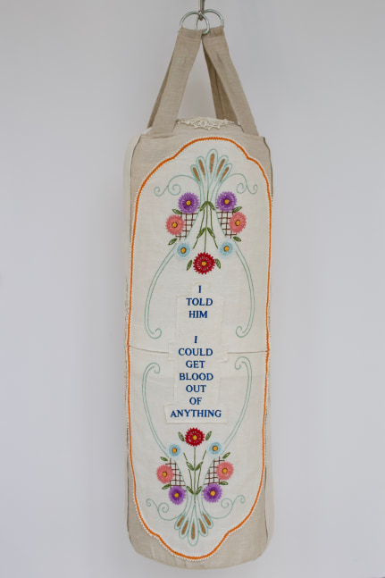 Heavy Bleach, 2019
Punching bag, embroidery on vintage linen tea towels, chain
46 x 13 x 13.5&amp;nbsp;inches