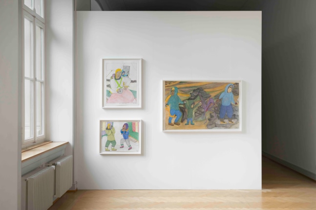 Installation image of 3 framed drawings on paper on a white wall next to a window at the Kunstmuseum St. Gallen