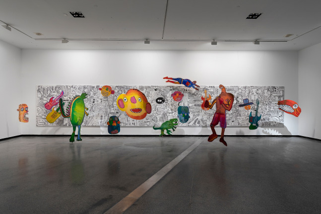 Tiger Yaltangki

TIGERLAND&amp;nbsp;2018

synthetic polymer paint on linen and plywood cut-outs

installation: 200.0 x 1200.0 x 240.0 cm

Installation view, Australian Centre for Contemporary Art,&amp;nbsp;Melbourne, 2018

Courtesy the artist and Iwantja Arts,&amp;nbsp;Indulkana and Alcaston Gallery,&amp;nbsp;Melbourne
