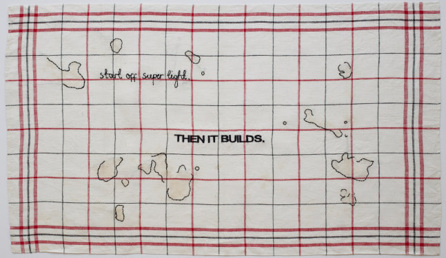 Then It Builds, 2018
Embroidery on vintage linen tea towel
17 x 29 inches
&amp;nbsp;