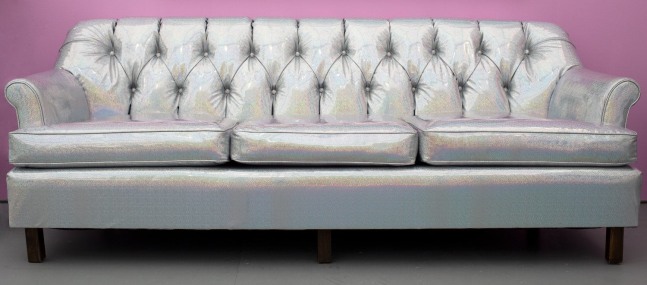 Sadie Barnette
Untitled (Holographic couch), 2018
Holographic vinyl and vintage couch&amp;nbsp;
88 x 40 x 36 inches