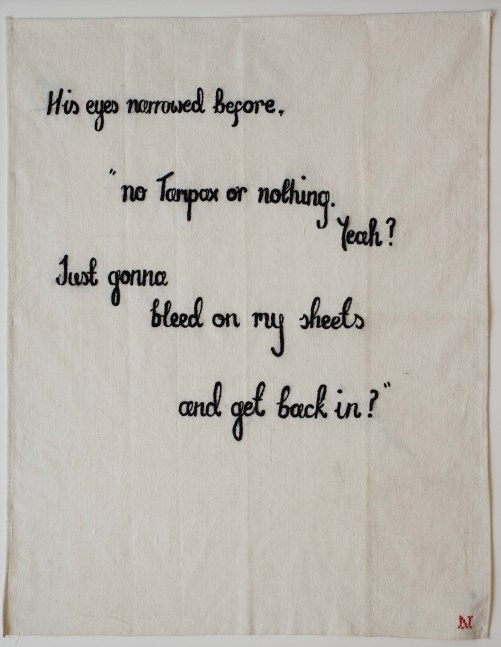 Get Back In, 2018
Embroidery on vintage linen tea towel
29.5&amp;nbsp;x 22.5&amp;nbsp;inches