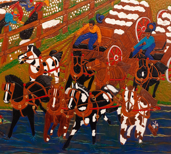 Winfred Rembert
Cotton Wagon Race, 2012
Acrylic paint on carved and tooled leather
28 x 31 in