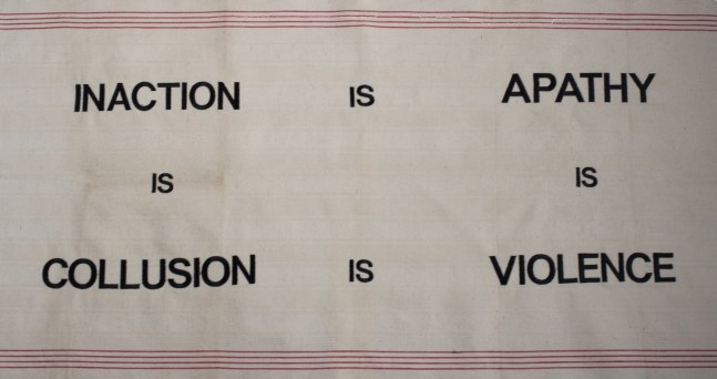 Zoe Buckman
Inaction/Apathy, 2018
Embroidered Fabric
22 x 40 inches (Framed)
Courtesy of the artist