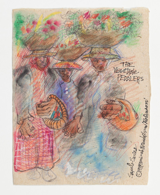 A watercolor, pen, and ink drawing on paper that illustrates three women picking vegetables.