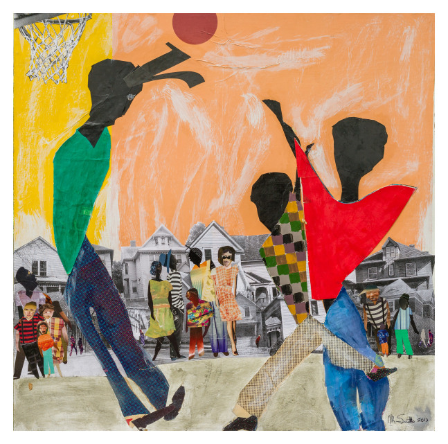 Basketball at Central High School, 2013
Paper collage and paint on wood
48 x 48 inches