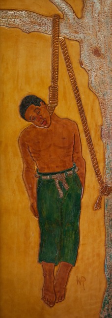 Almost Me,&amp;nbsp;1997
Acrylic paint on carved and tooled leather
31.25 x 11.75 inches