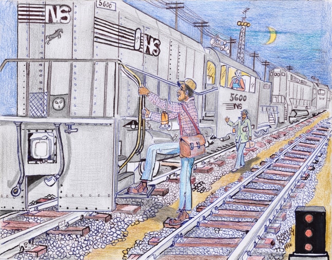 A cool toned ink graphite, and colored pencil drawing on paper that displays figures on a train.