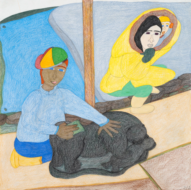 High resolution image of Shuvinai Ashoona's drawing titled &quot;Inside my tent - Irnigala carving&quot;