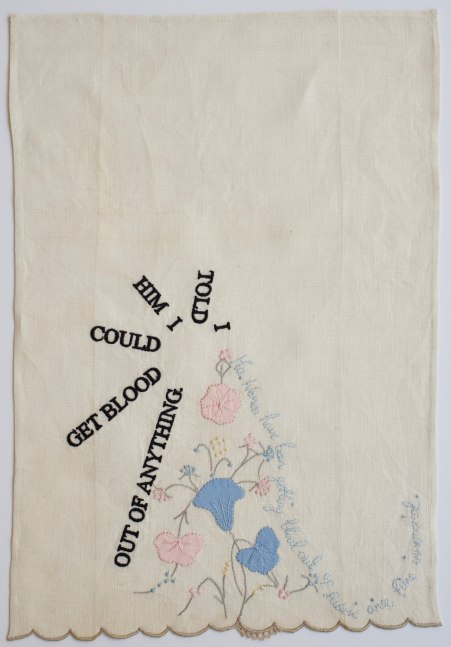 Get Blood Out, 2019
Embroidery on vintage linen tea towel
16.5&amp;nbsp;x 11.5 inches