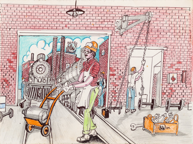 An ink graphite, and colored pencil drawing that displays a train, workers, and a brick building interior.