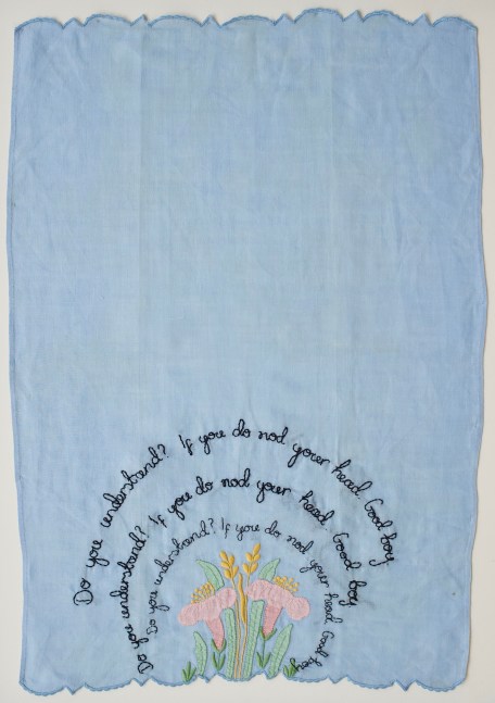 Good Boy, 2018
Embroidery on vintage linen tea towel
19&amp;nbsp;x 13 inches