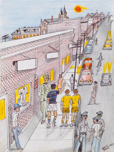 An ink graphite and colored pencil drawing on paper that illustrates a busy street filled with brick buildings, vehicles, and people.