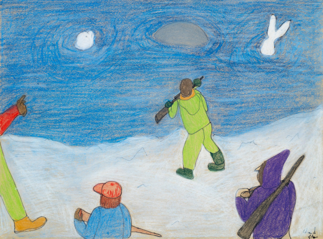 High resolution image of Shuvinai Ashoona's drawing titled &quot;Beluga Whale hunt&quot;
