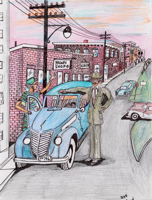 A vibrant ink graphite, and colored pencil drawing that displays two figures standing beside a blue vehicle on the street