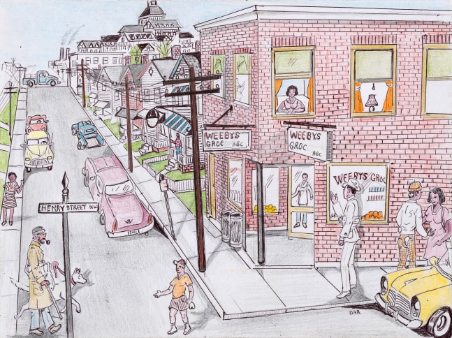 An ink graphite and colored pencil drawing that displays a busy street.