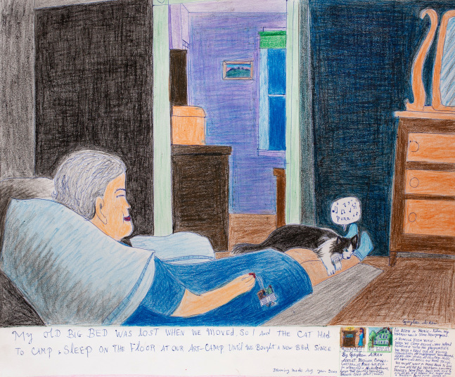 My old Big Bed was lost when we moved, so I and the cat had to camp and sleep on the floor at our Art-Camp, until we bought a new bed since, 2000
Colored pencil, ballpoint pen, and crayon on paper
14 x 17 inches