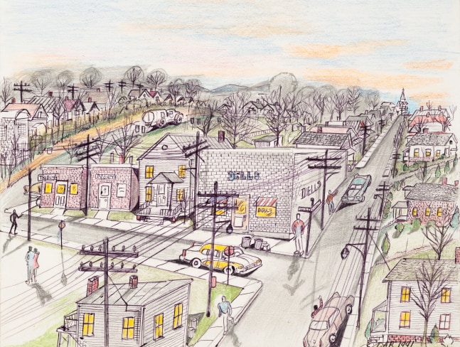 An ink graphite and colored pencil drawing that illustrates a neighborhood