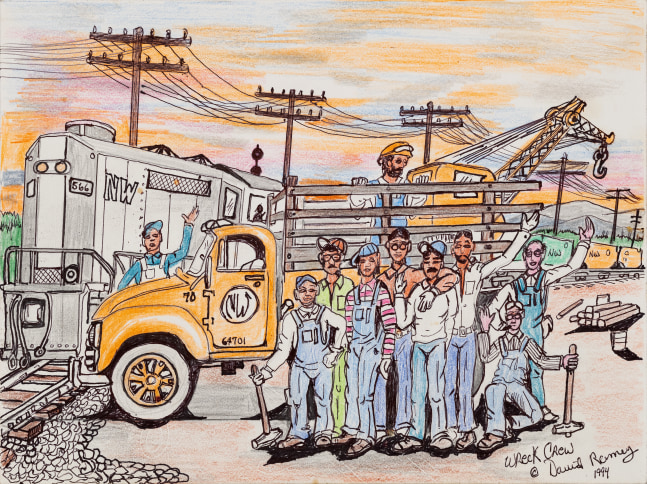 An ink graphite, and colored pencil drawing that illustrates a train, a yellow truck, and a group of workers.