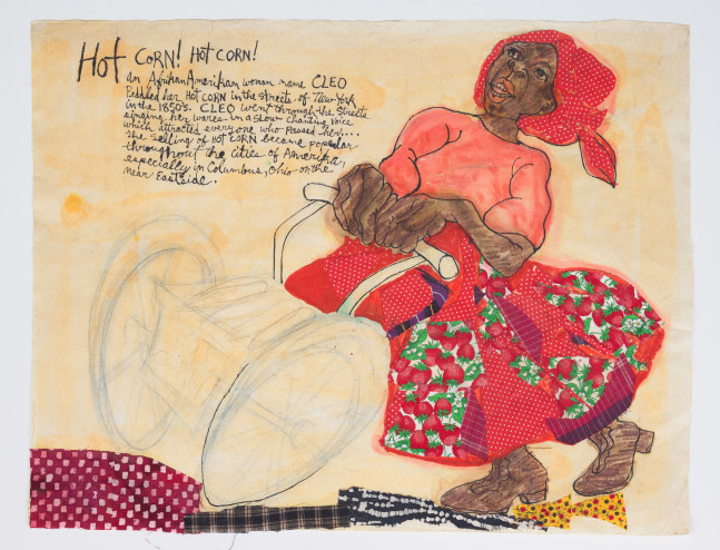 Aminah Brenda Lynn Robinson
Hot Corn! Hot Corn!
20 x 26 in.
Watercolor, pen, ink, and fabric, on paper