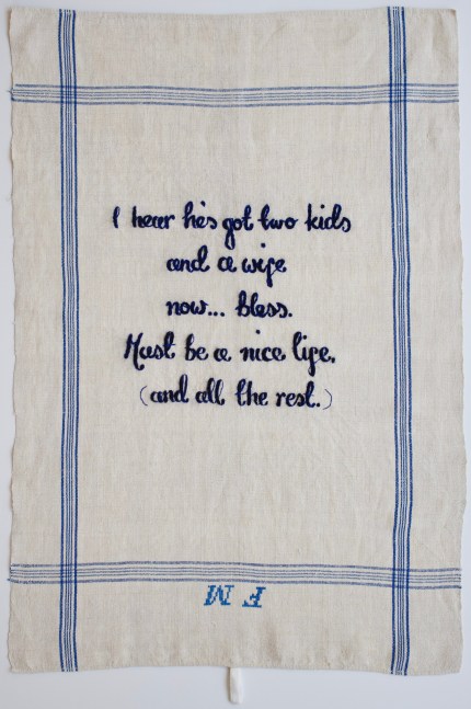 For Dollars, 2018
Embroidery on vintage linen tea towel
32.5&amp;nbsp;x 21.5&amp;nbsp;inches