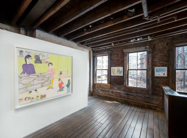 Installation view of Shuvinai Ashoona's &quot;Looking Out, Looking In&quot; exhibition which captures the environment of Kinngait studios, where she draws nearly every day.