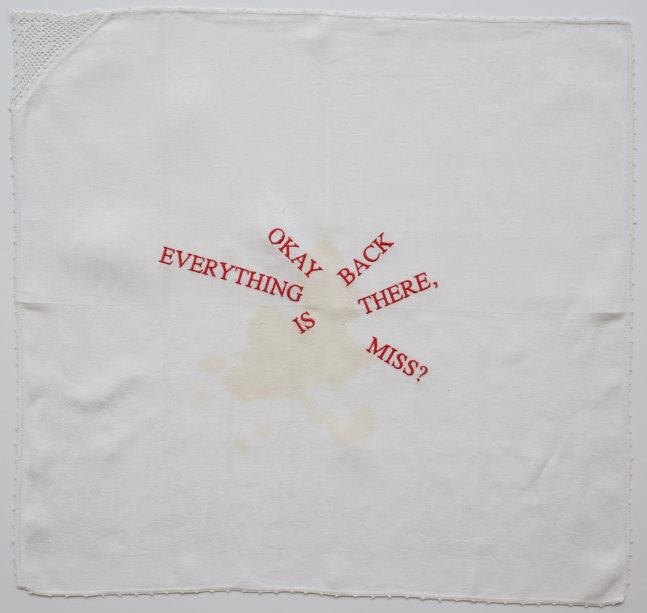 Spill, 2018
Embroidery on vintage linen tea towel
22 x 21 inches