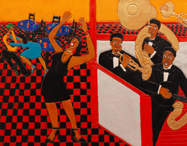 Winfred Rembert
Juke Joint #1, 2014
Acrylic paint on carved and tooled leather
27.5 x 34.5 in