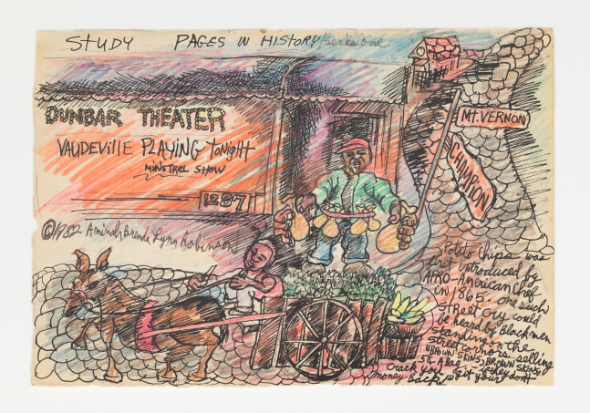 Aminah Brenda Lynn Robinson
Potato Chips was First Introduced by Afro-American Chef in 1965;
Dunbar Theater
1982
7.5 x 11.25 in.
Pen and pastel on paper