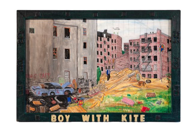 Boy With a Kite, 1987&amp;nbsp;
Pencil graphite and gouache on paper with acrylic painted paper mache frame&amp;nbsp;
30.25 x 44.25 x 1.5 inches
