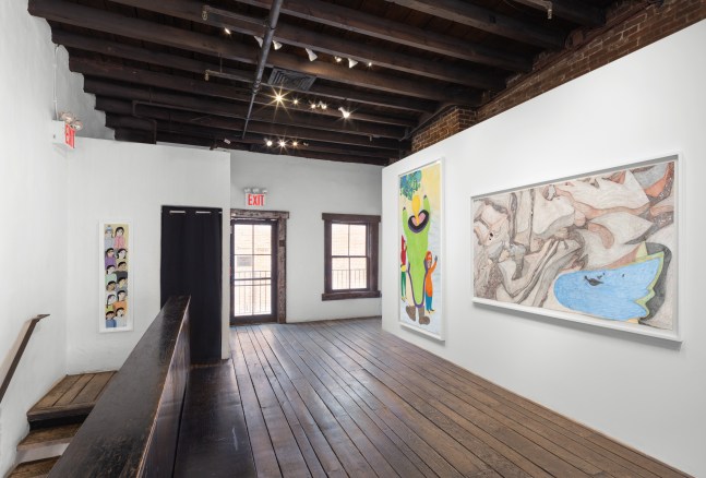 Installation view of Fort Gansevoort Shuvinai Ashoona &quot;Looking Out, Looking In&quot; exhibition, one work features a prominent female figure appears to be leading two children in a guided instruction. While the other views over a scenic view of rock and pond.